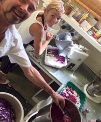 This big shredder made quick work for filling our crocks. We add our SBO*
component when mixing in the Hymalayan salt.
*SBOs -Soil Based Organisms carried from finely shredded carrots, beets, garlic,
onions, radishes, cuckumber, small zuchinni, and fresh herbs. Valley Kraut is
what we can be calling this. We make up our SBOs addition from our gardens as
well as a trace from the best of all the Farmers Market folk. We believe some of
the microbial magic from their soil and the love they put into their veggies
should be included.

More life is better, and good life always wins!
